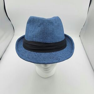 Fedora Hat l/xl Unisex Two-Tone Blue W/Black Ribbon Band 100% Straw Milani